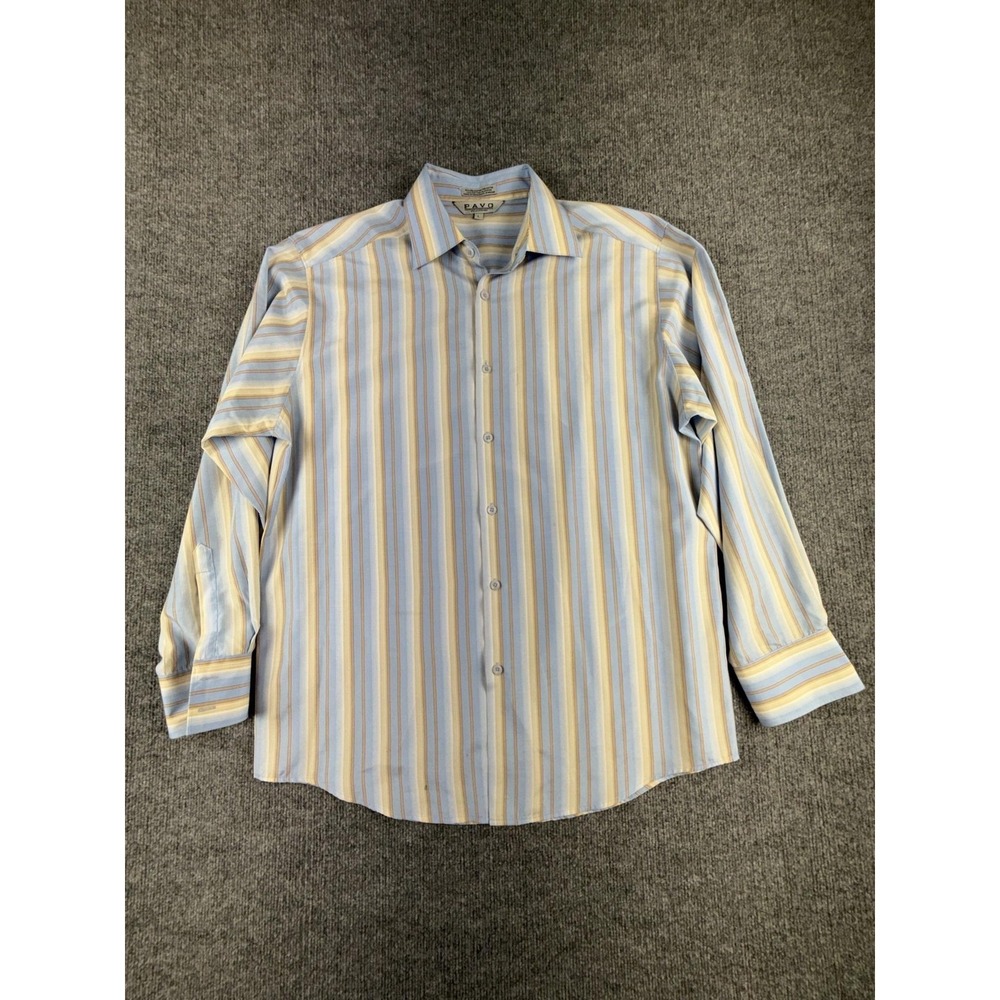 PAVO By La Strada Shirt Mens Large Blue Yellow Stripe Long Sleeve Dress